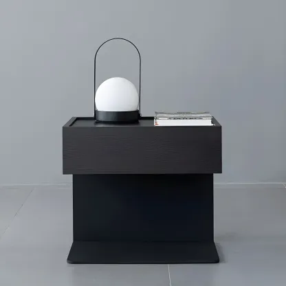 Black Steel Wood C-Shaped Drawer Nightstand with Light Image - 4