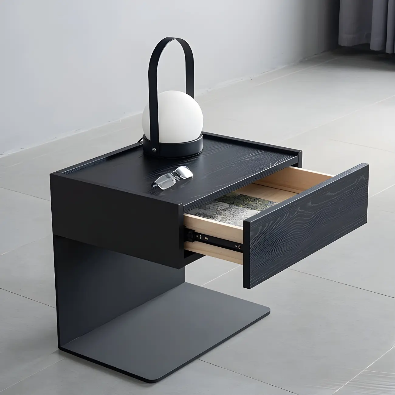 Black Steel Wood C-Shaped Drawer Nightstand with Light Image - 5 | homeyfad