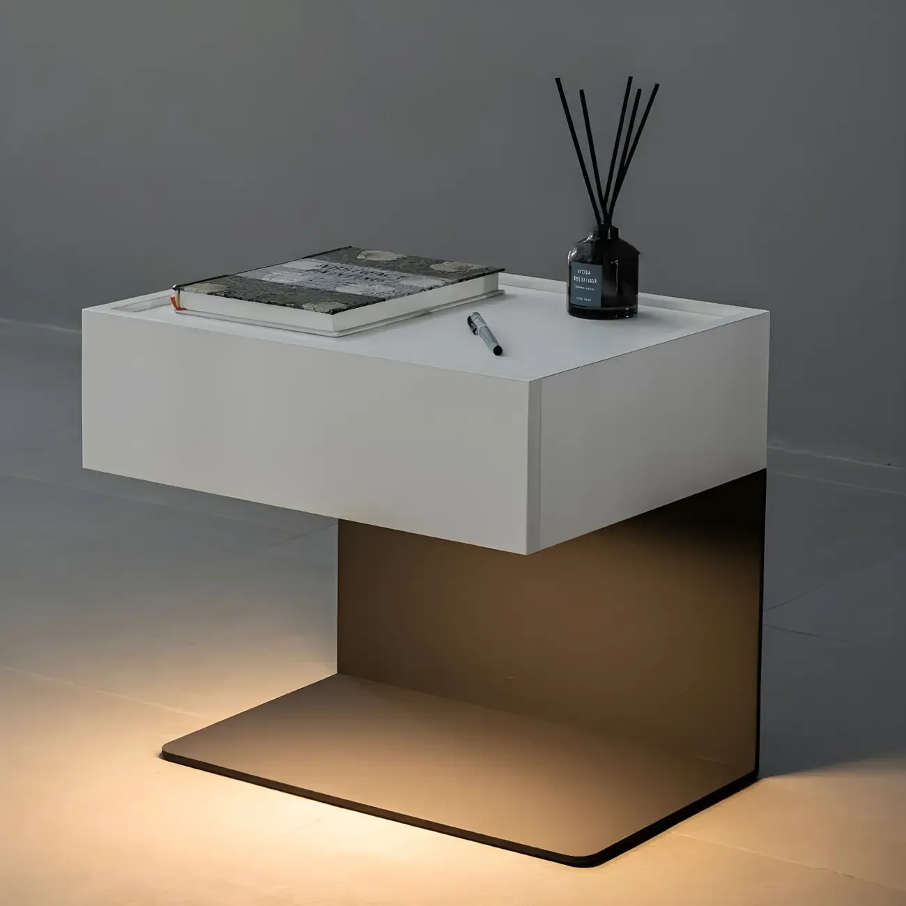 Black Steel Wood C-Shaped Drawer Nightstand with Light Image - 6