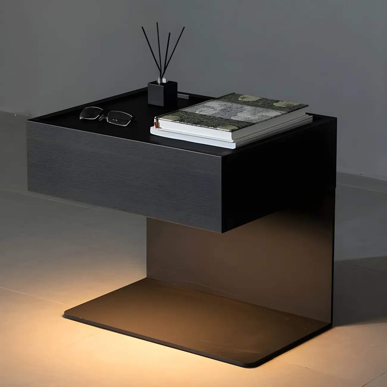 Black Steel Wood C-Shaped Drawer Nightstand with Light Image - 7 | homeyfad