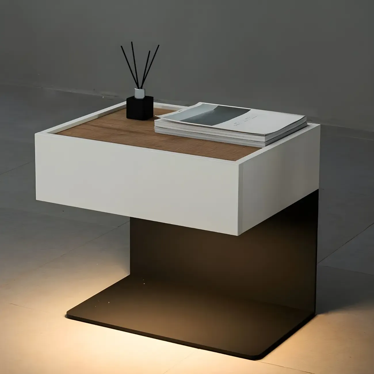 Black Steel Wood C-Shaped Drawer Nightstand with Light Image - 9