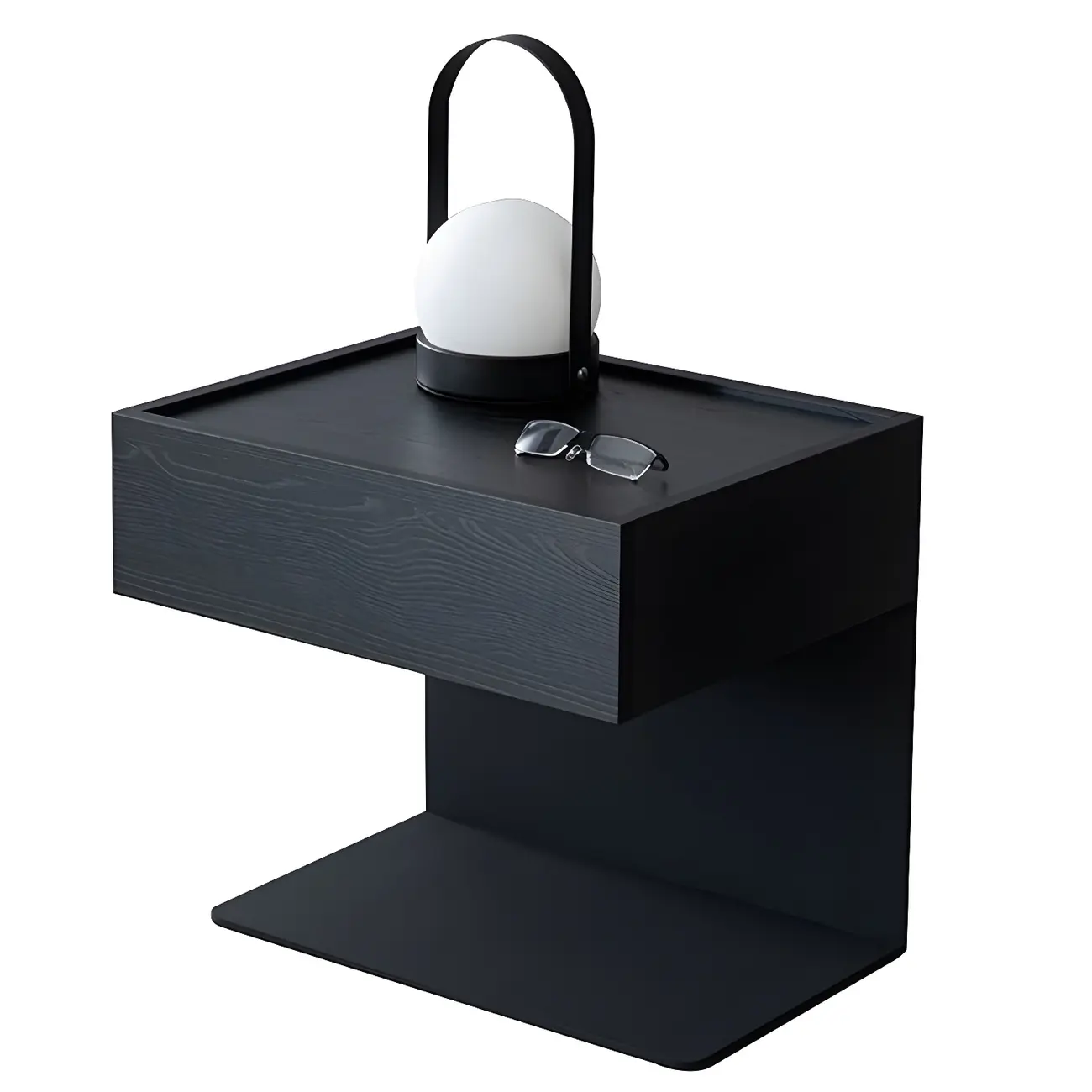 Black Steel Wood C-Shaped Drawer Nightstand with Light Image - 10 | homeyfad