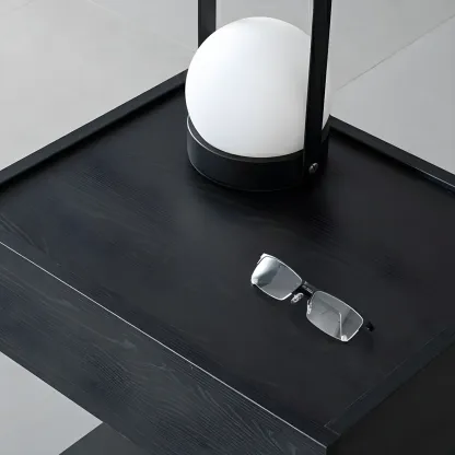 Black Steel Wood C-Shaped Drawer Nightstand with Light Image - 11