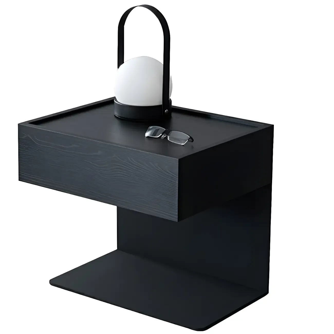 Black Steel Wood C-Shaped Drawer Nightstand with Light Image - 12