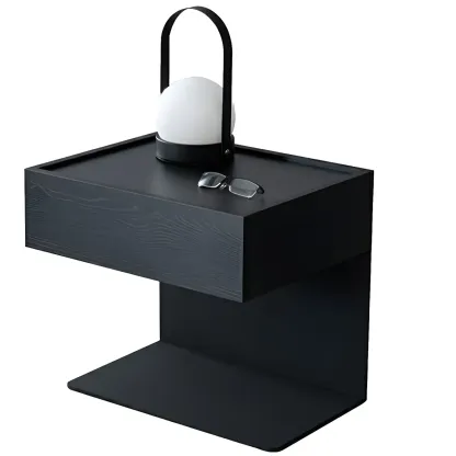 Black Steel Wood C-Shaped Drawer Nightstand with Light Image - 12
