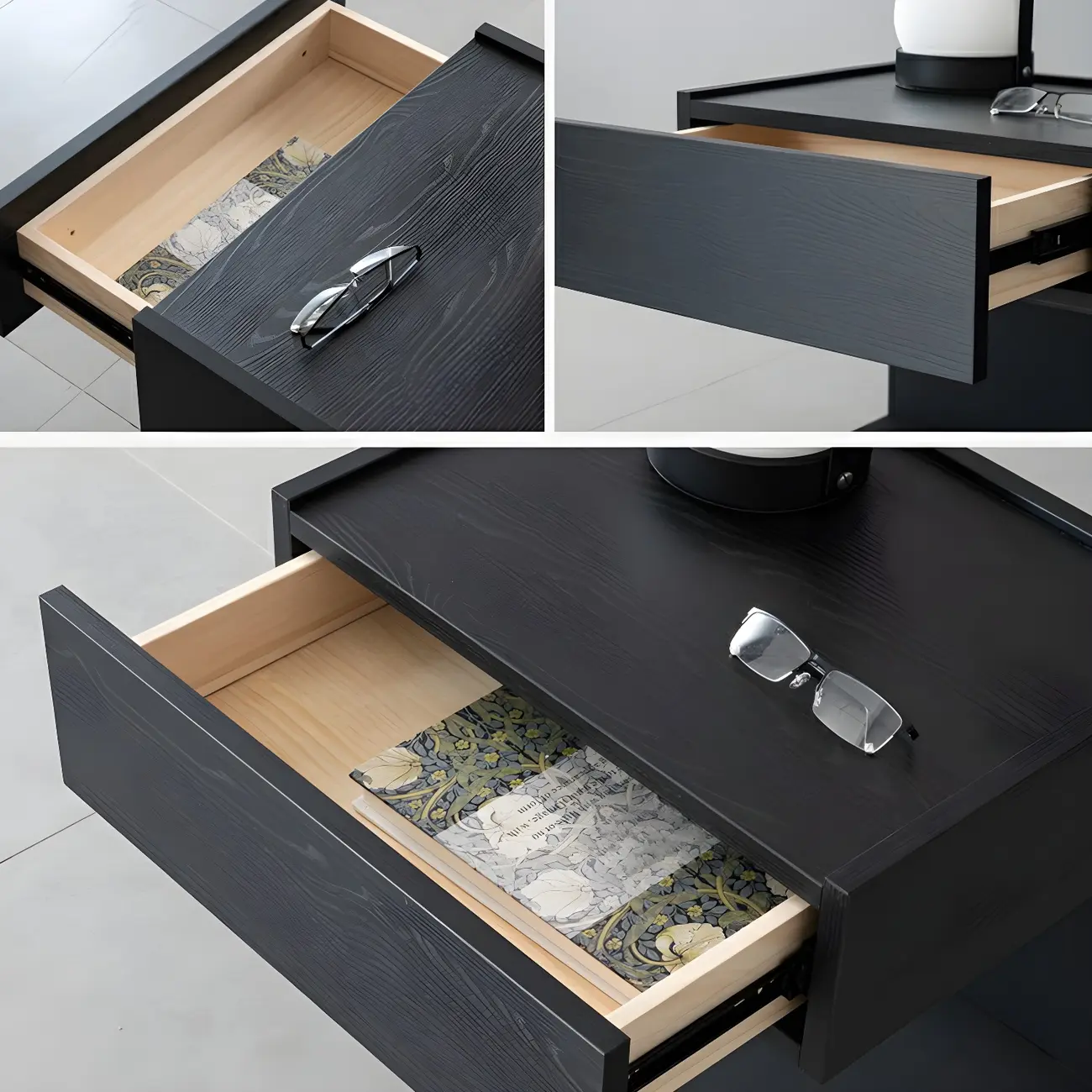 Black Steel Wood C-Shaped Drawer Nightstand with Light Image - 15 | homeyfad