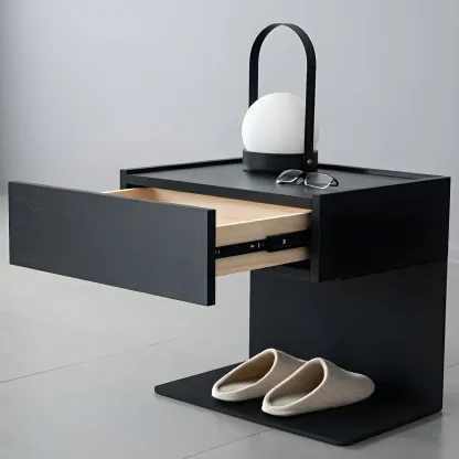 Black Steel Wood C-Shaped Drawer Nightstand with Light Image - 20
