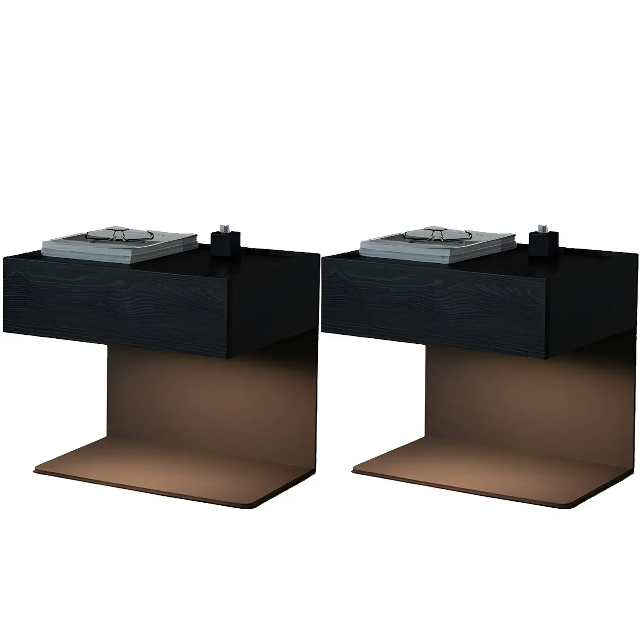 Black Steel Wood C-Shaped Drawer Nightstand with Light Image - 22