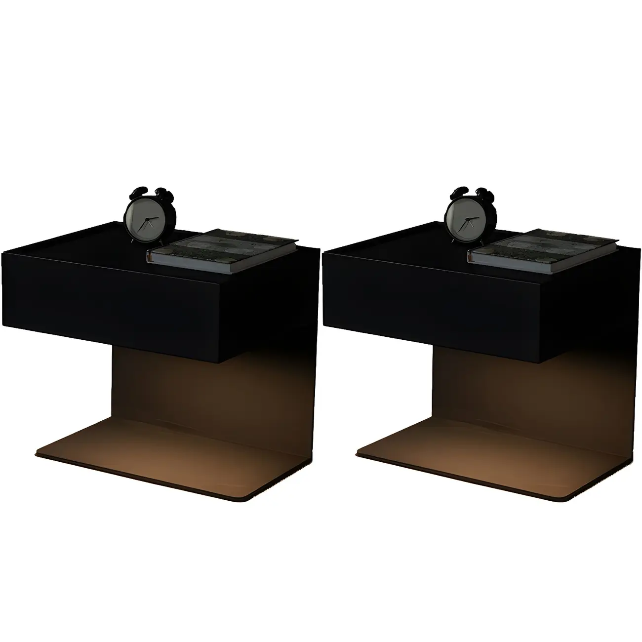 Black Steel Wood C-Shaped Drawer Nightstand with Light Image - 23 | homeyfad