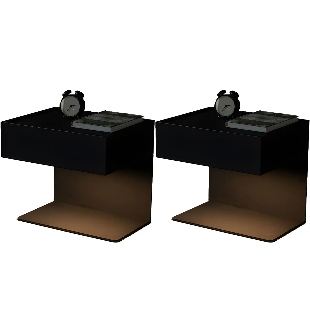 Black Steel Wood C-Shaped Drawer Nightstand with Light Image - 23