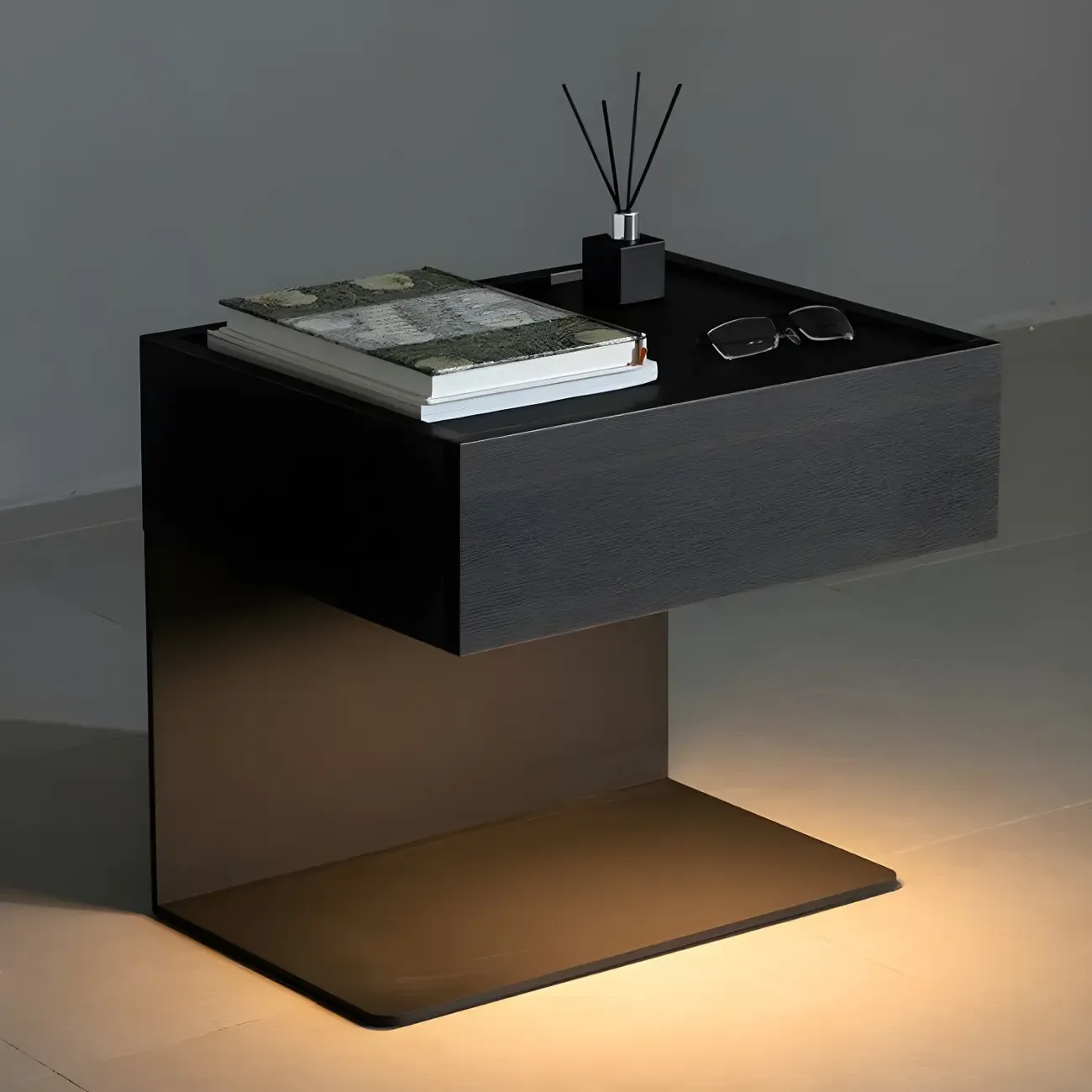 Black Steel Wood C-Shaped Drawer Nightstand with Light Image - 24