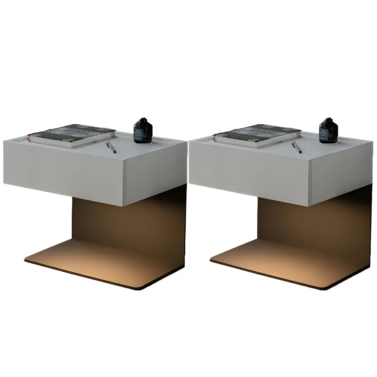 Black Steel Wood C-Shaped Drawer Nightstand with Light Image - 25