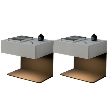 Black Steel Wood C-Shaped Drawer Nightstand with Light Image - 25