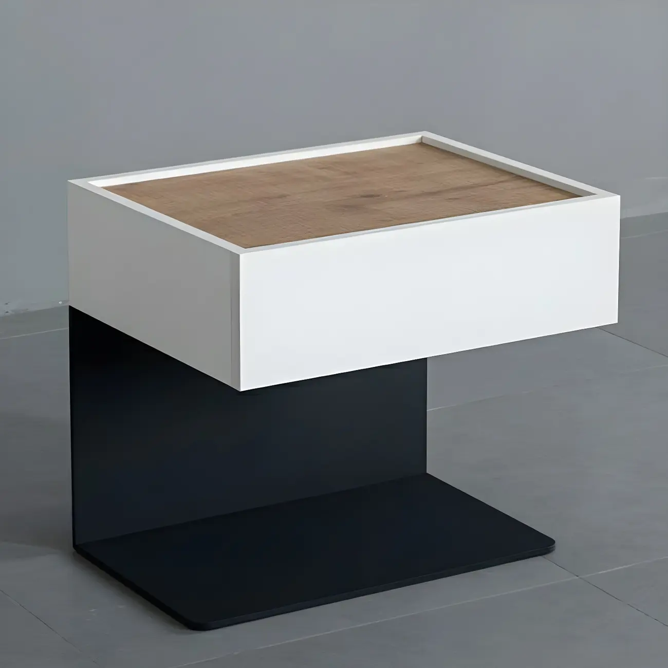 Black Steel Wood C-Shaped Drawer Nightstand with Light Image - 26 | homeyfad