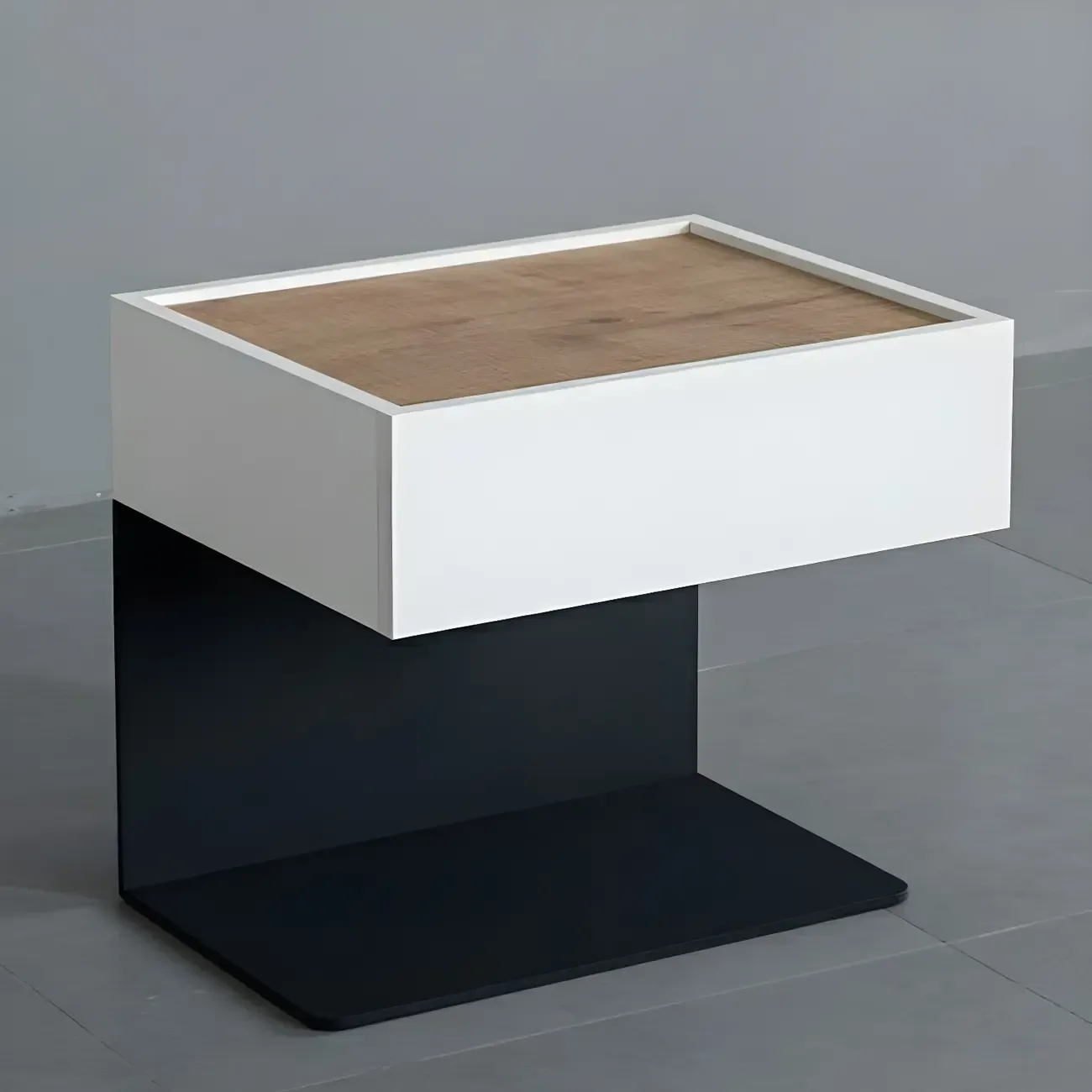 Black Steel Wood C-Shaped Drawer Nightstand with Light Image - 26