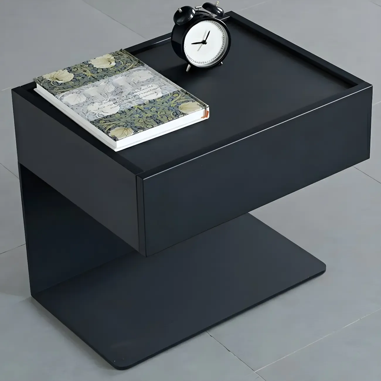 Black Steel Wood C-Shaped Drawer Nightstand with Light Image - 27