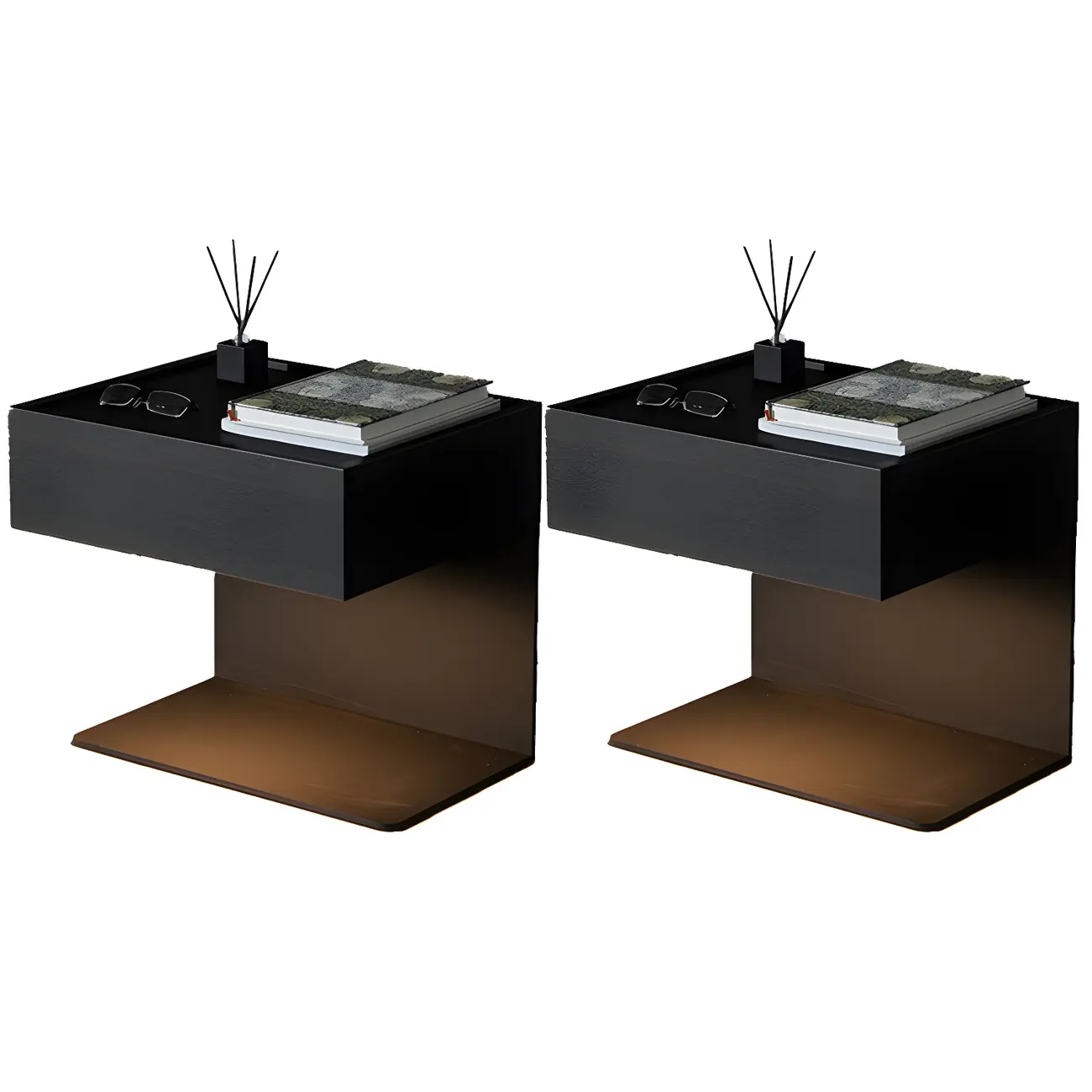 Black Steel Wood C-Shaped Drawer Nightstand with Light Image - 28 | homeyfad