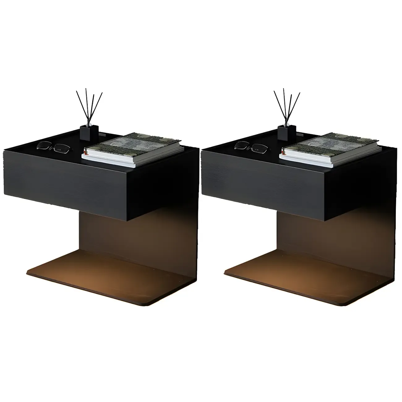 Black Steel Wood C-Shaped Drawer Nightstand with Light Image - 28