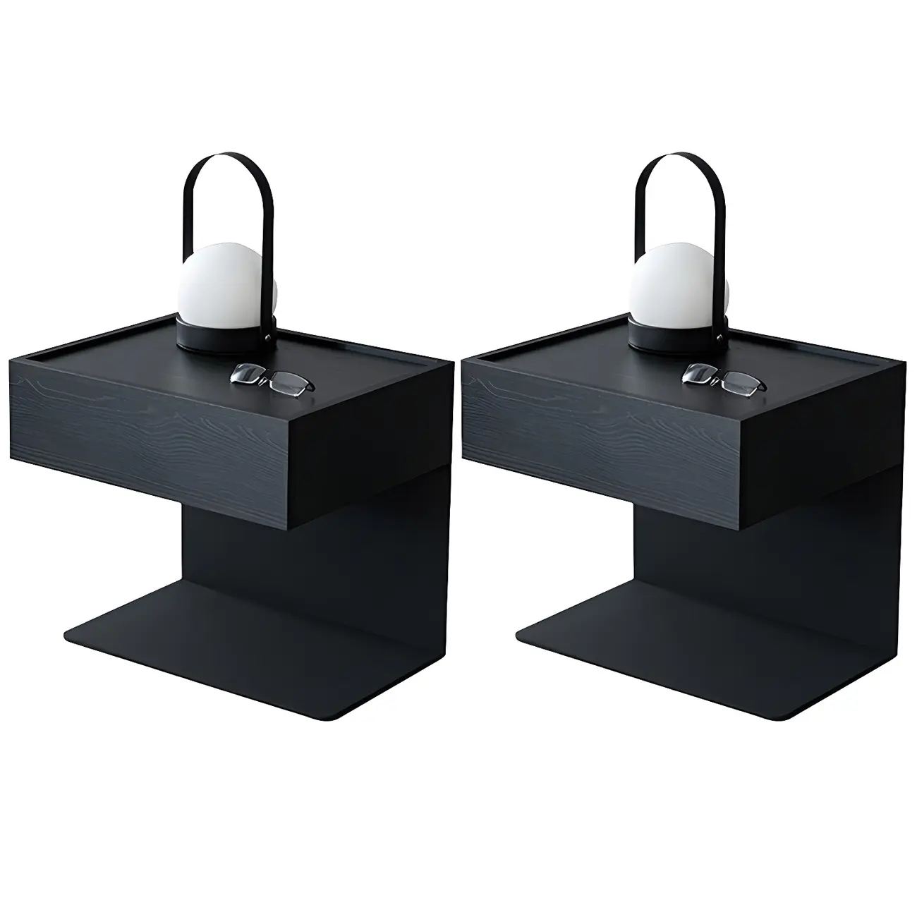 Black Steel Wood C-Shaped Drawer Nightstand with Light Image - 31 | homeyfad