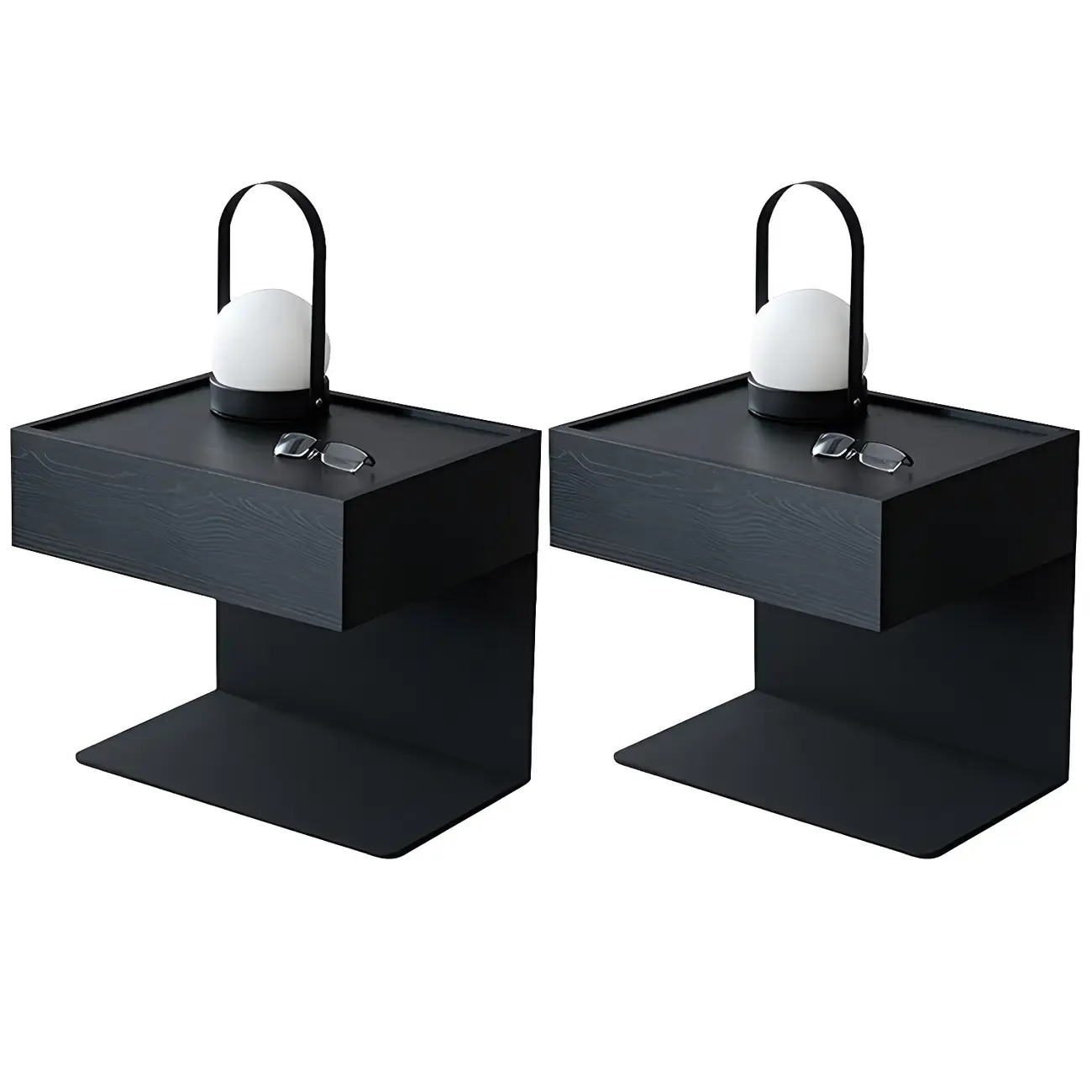 Black Steel Wood C-Shaped Drawer Nightstand with Light Image - 31