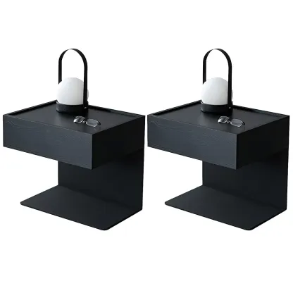 Black Steel Wood C-Shaped Drawer Nightstand with Light Image - 31