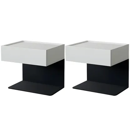 Black Steel Wood C-Shaped Drawer Nightstand with Light Image - 33