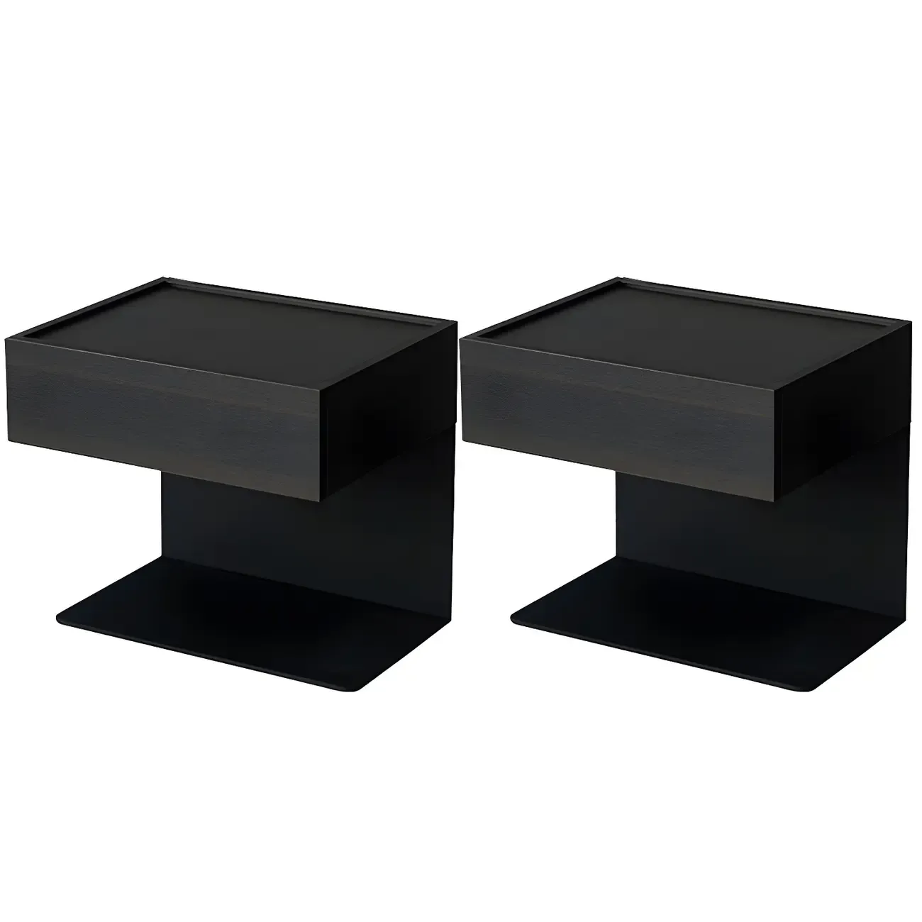 Black Steel Wood C-Shaped Drawer Nightstand with Light Image - 34