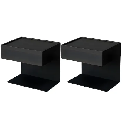 Black Steel Wood C-Shaped Drawer Nightstand with Light Image - 34