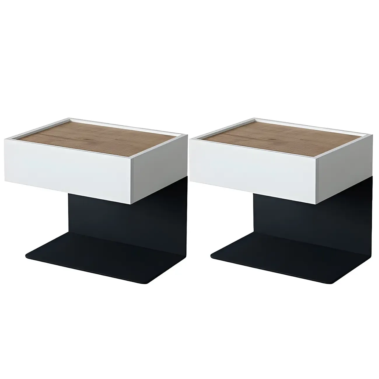 Black Steel Wood C-Shaped Drawer Nightstand with Light Image - 35