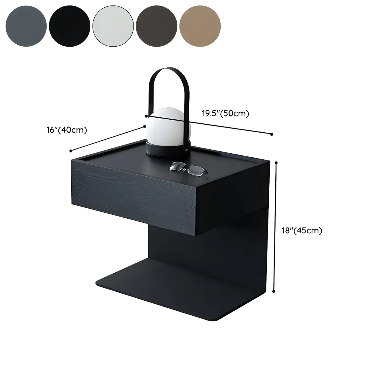 Black Steel Wood C-Shaped Drawer Nightstand with Light #size