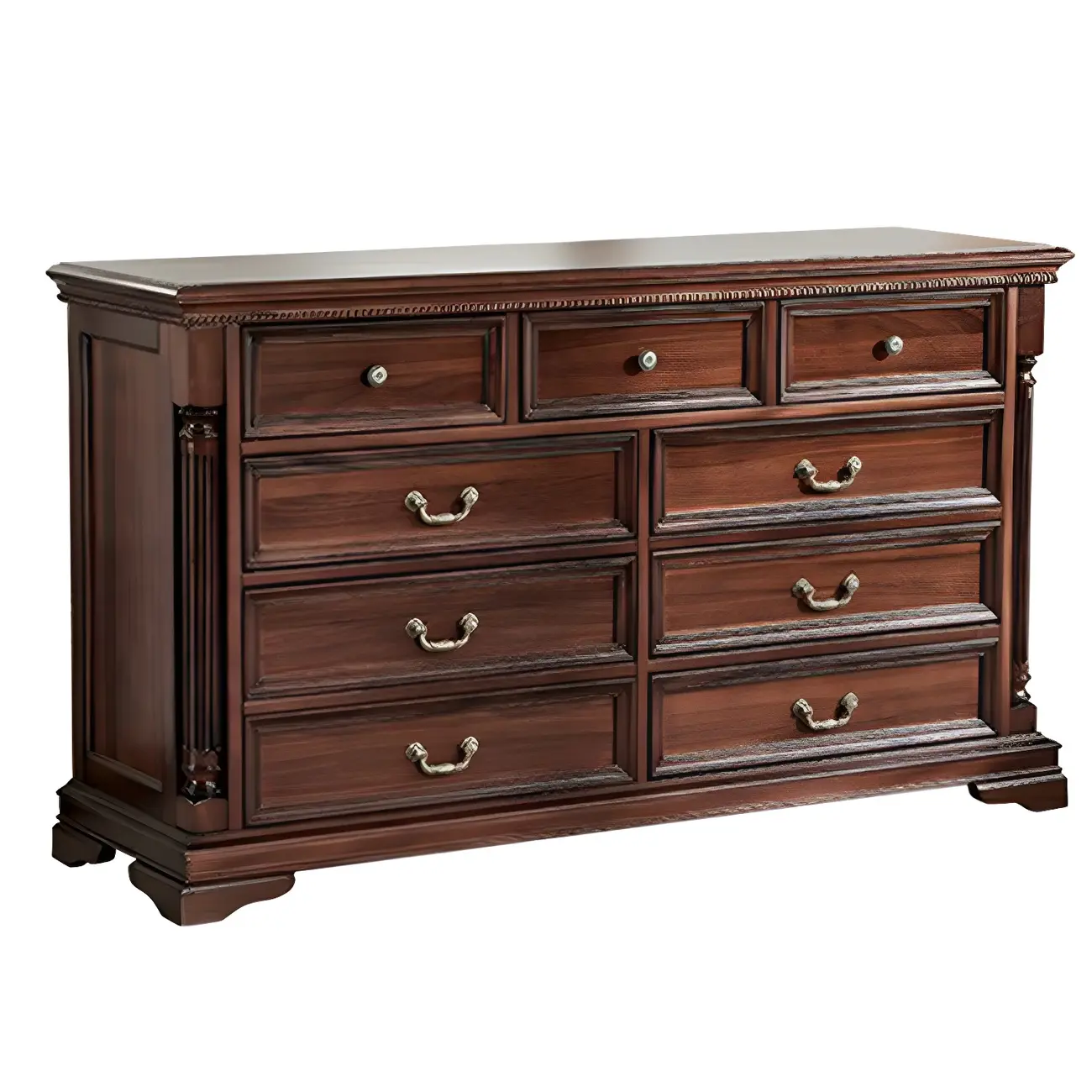 Vintage Brown Walnut Wooden Double Dresser with 9-Drawers Image - 7 | homeyfad