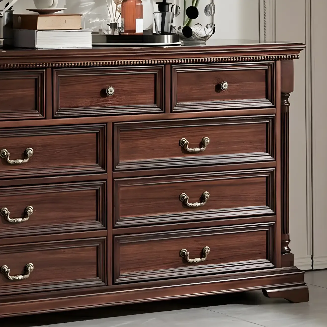 Vintage Brown Walnut Wooden Double Dresser with 9-Drawers Image - 10