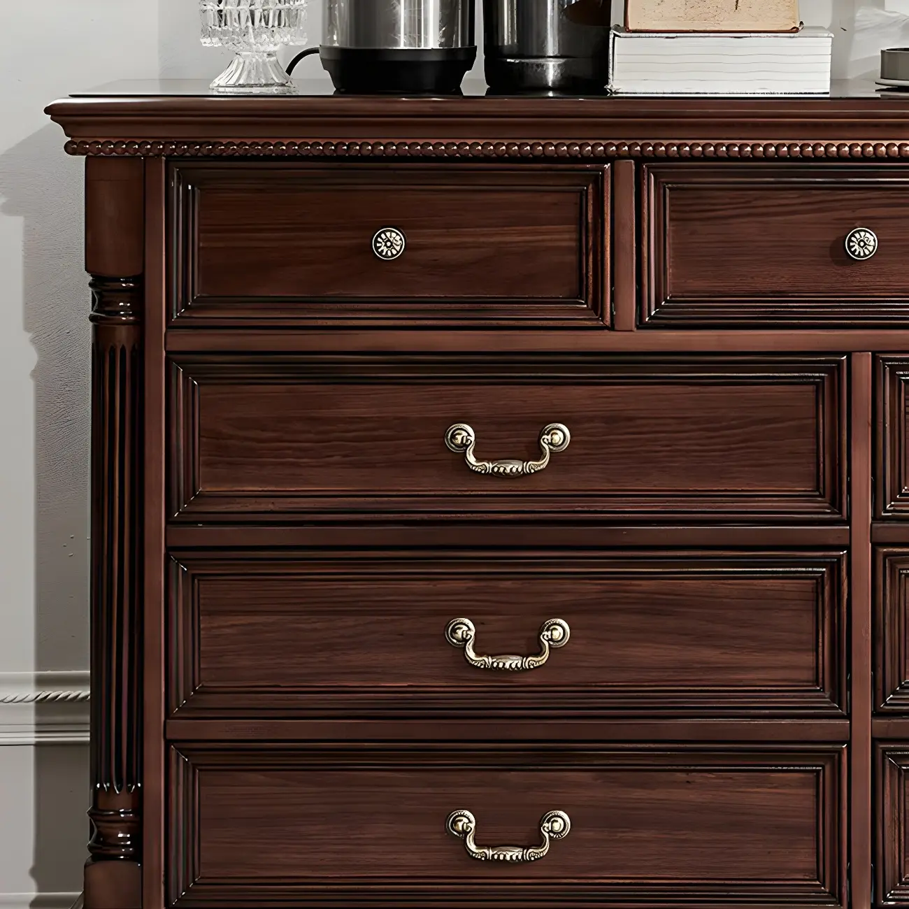 Vintage Brown Walnut Wooden Double Dresser with 9-Drawers Image - 12 | homeyfad