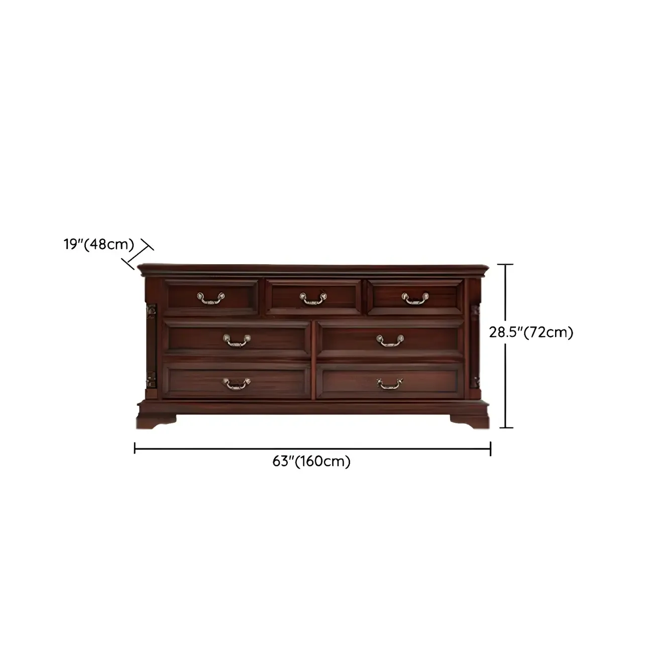 Vintage Brown Walnut Wooden Double Dresser with 9-Drawers #size