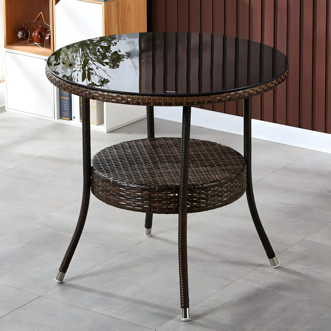 Brown Rattan Modern Glass Outdoor Dining Table with Shelf Image - 1 | homeyfad