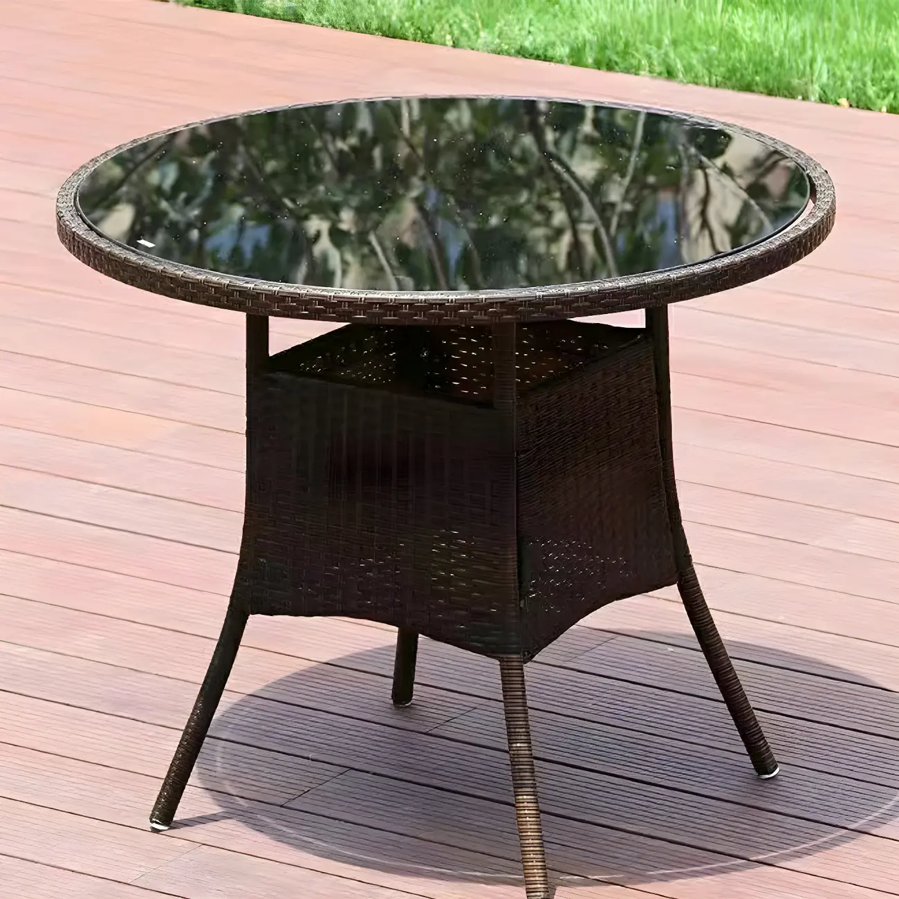 Brown Rattan Modern Glass Outdoor Dining Table with Shelf Image - 2 | homeyfad