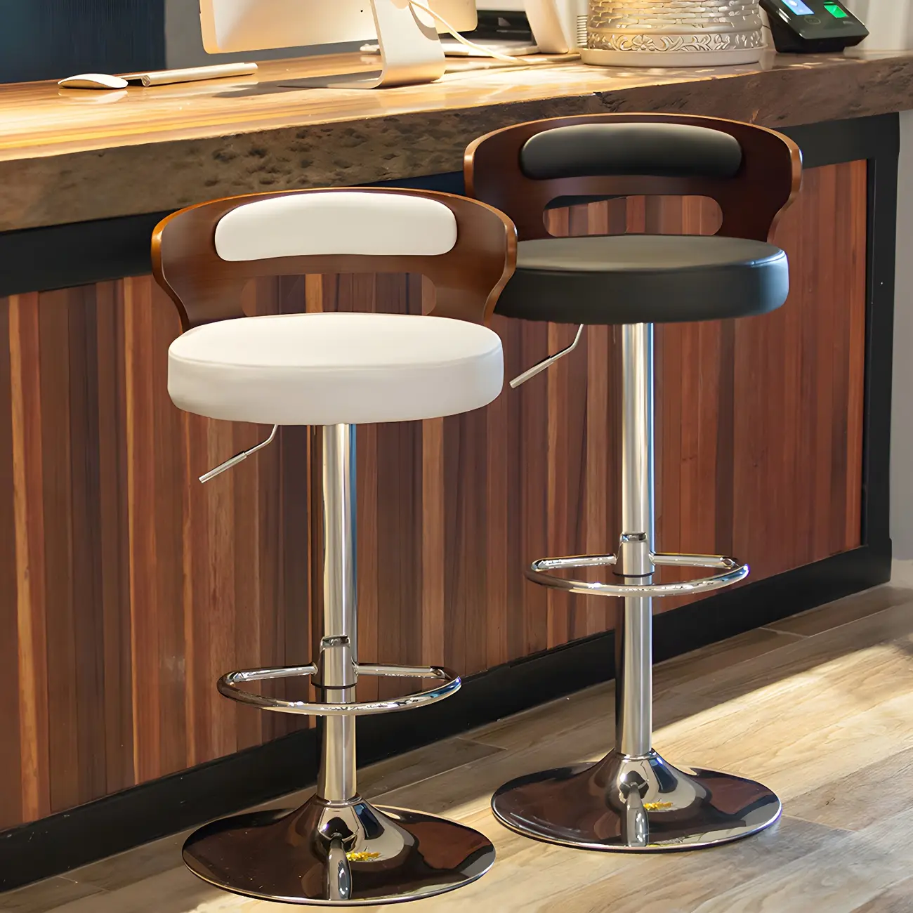 Elegant Brown Wood White Leather Swivel Adjustable Bar Stool Image - 4 | homeyfad