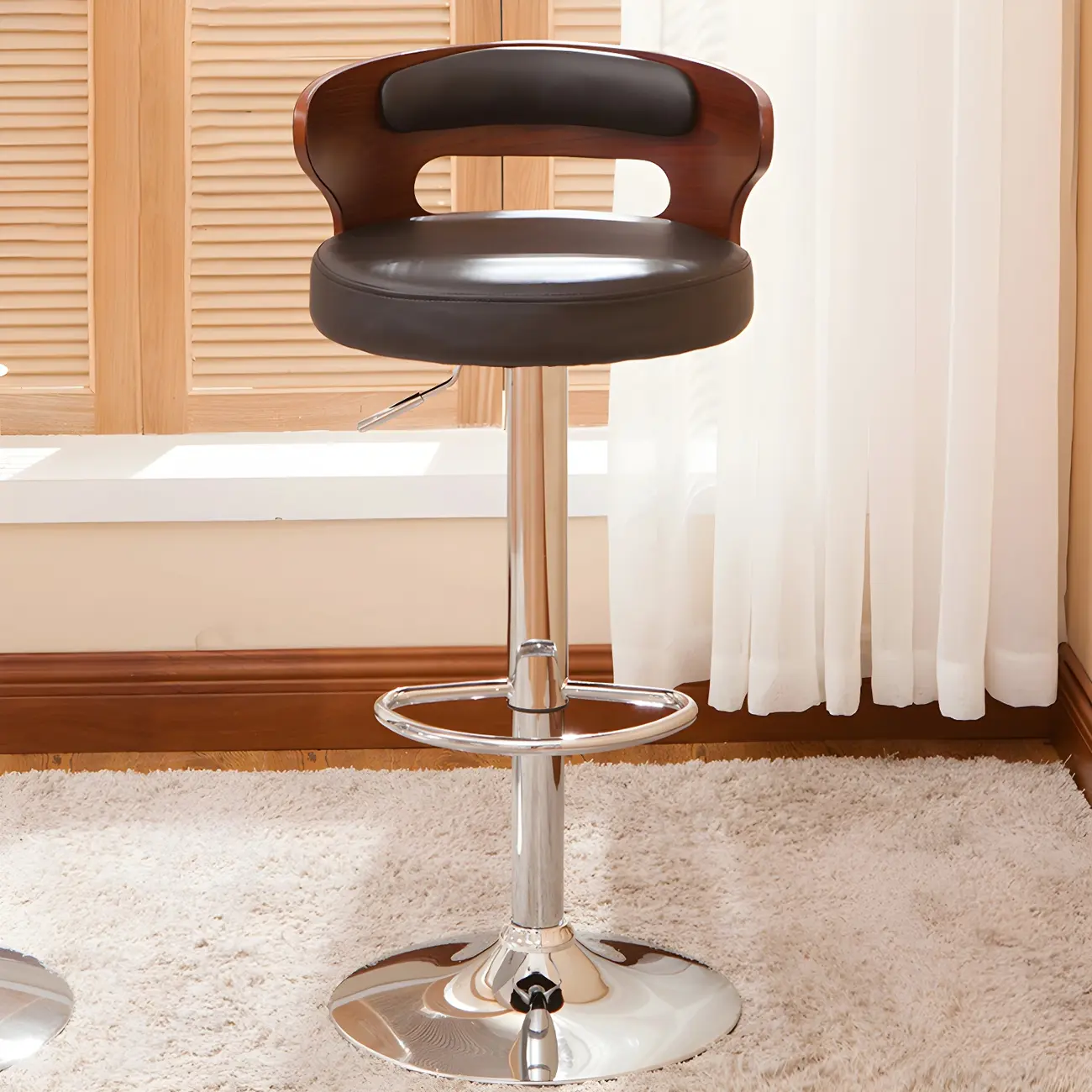 Elegant Brown Wood White Leather Swivel Adjustable Bar Stool Image - 2 | homeyfad