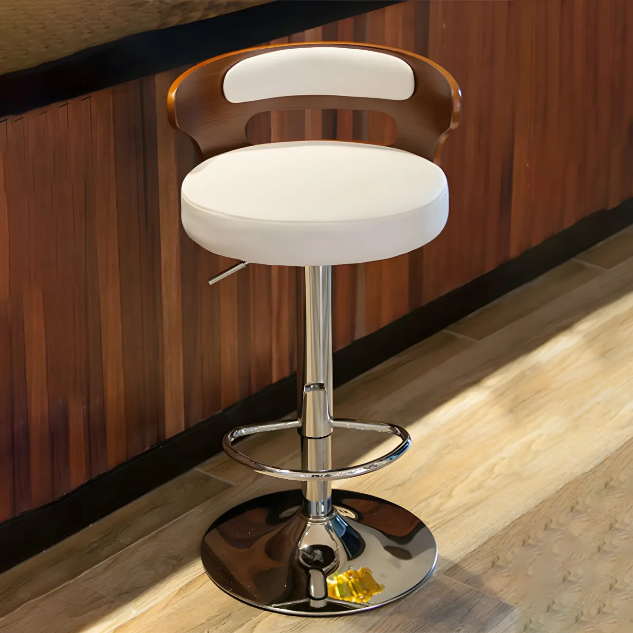 Elegant Brown Wood White Leather Swivel Adjustable Bar Stool Image - 3 | homeyfad