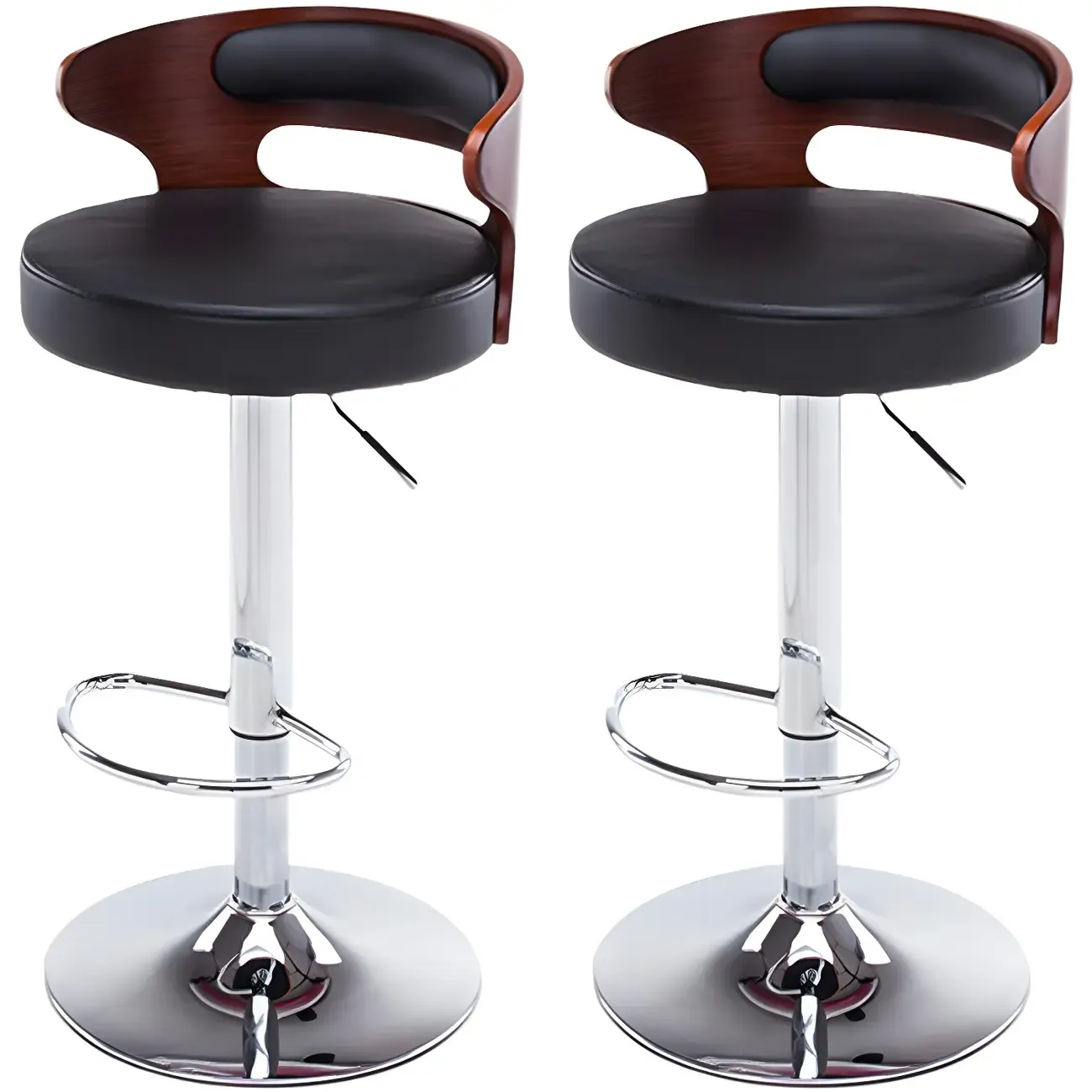 Elegant Brown Wood White Leather Swivel Adjustable Bar Stool Image - 12