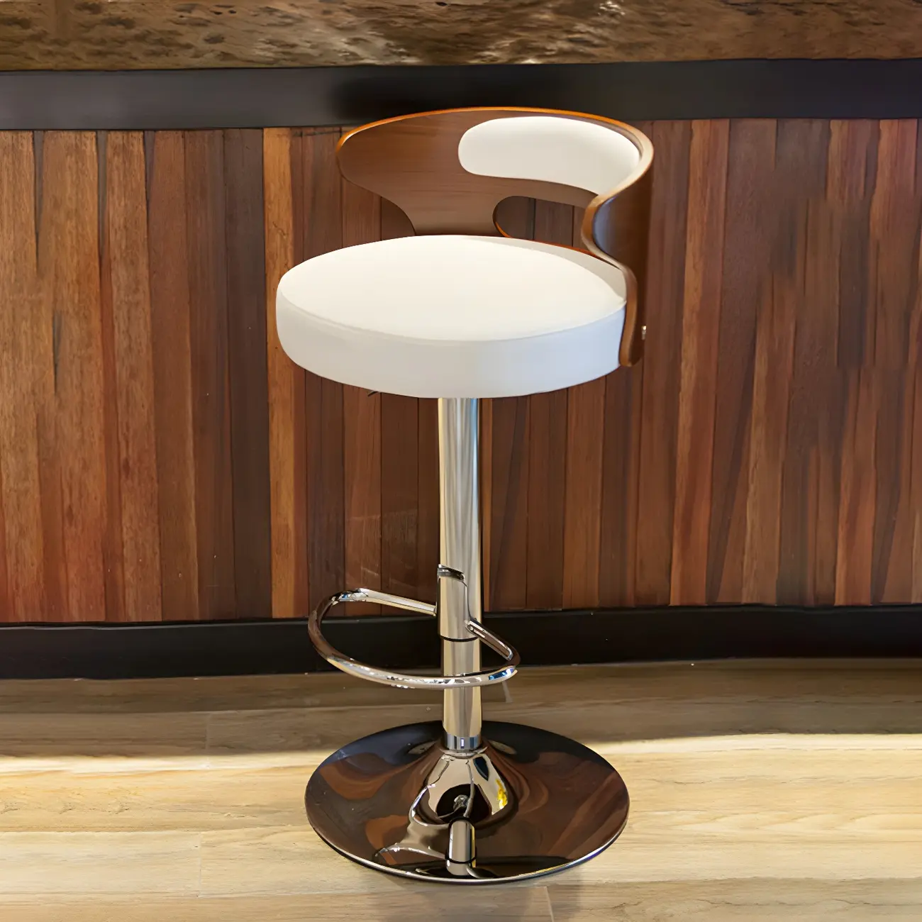 Elegant Brown Wood White Leather Swivel Adjustable Bar Stool Image - 1 | homeyfad