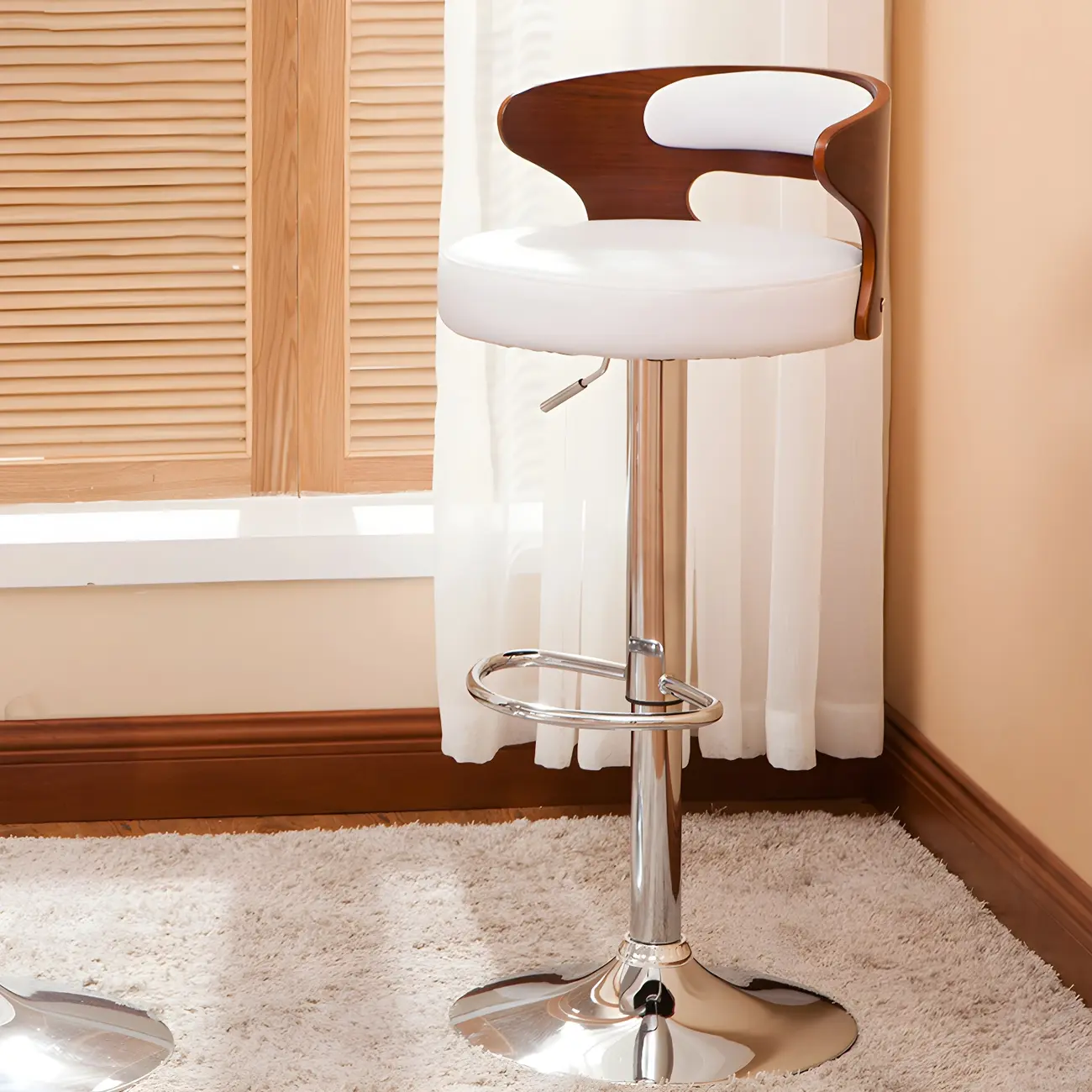 Elegant Brown Wood White Leather Swivel Adjustable Bar Stool Image - 5 | homeyfad