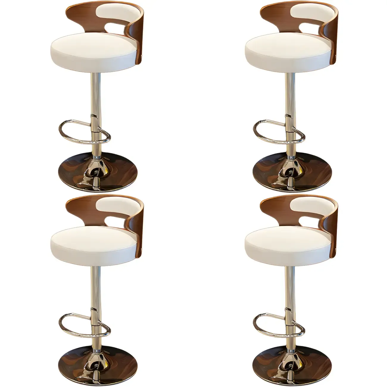 Elegant Brown Wood White Leather Swivel Adjustable Bar Stool Image - 19