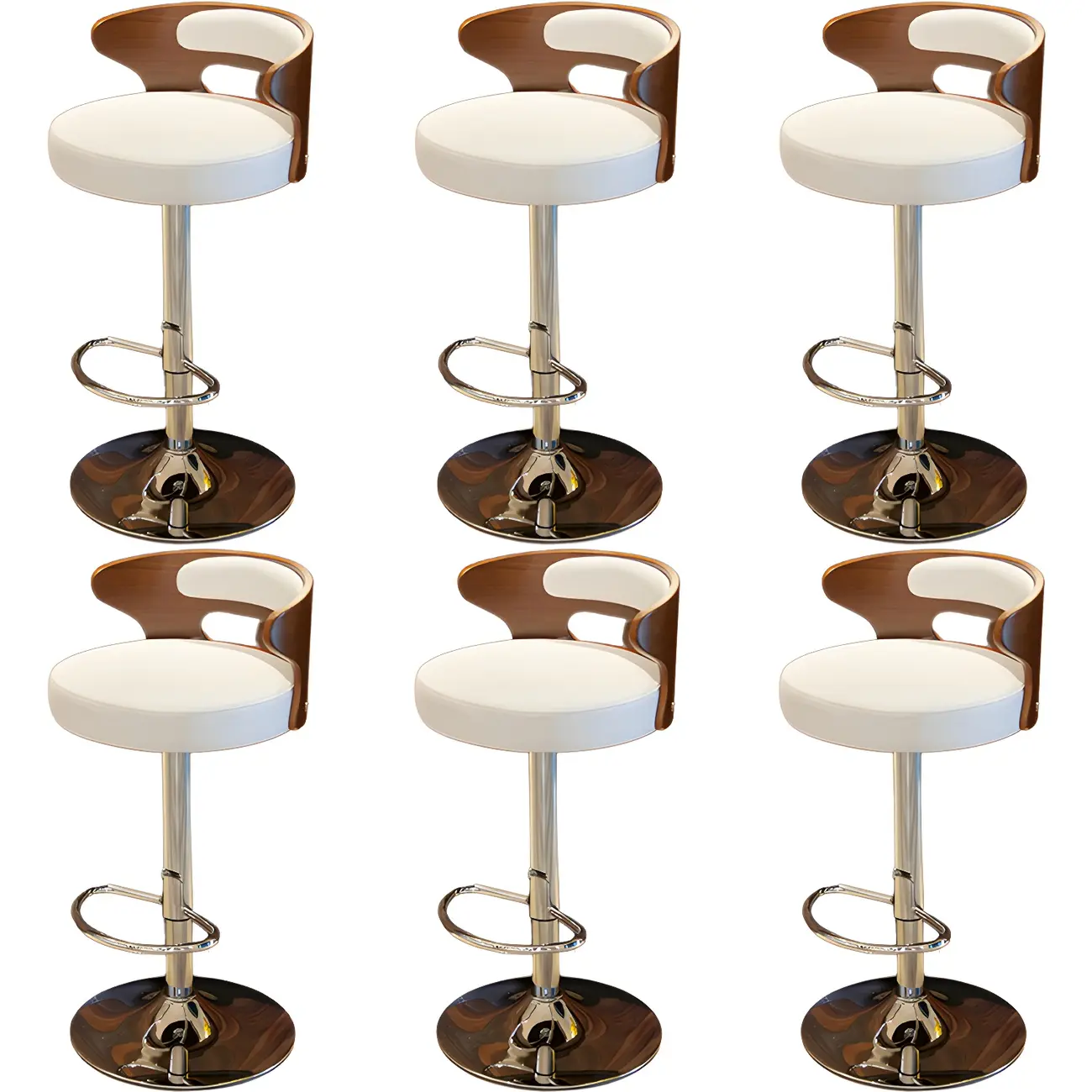 Elegant Brown Wood White Leather Swivel Adjustable Bar Stool Image - 20 | homeyfad