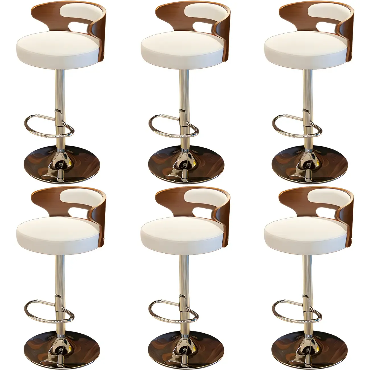 Elegant Brown Wood White Leather Swivel Adjustable Bar Stool Image - 20