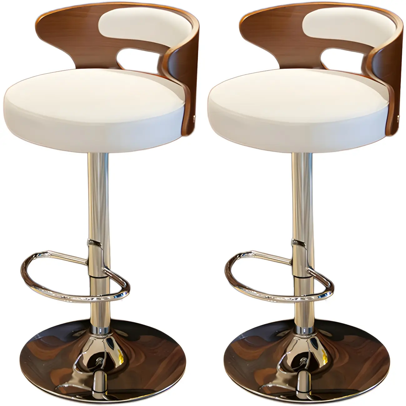 Elegant Brown Wood White Leather Swivel Adjustable Bar Stool Image - 17 | homeyfad