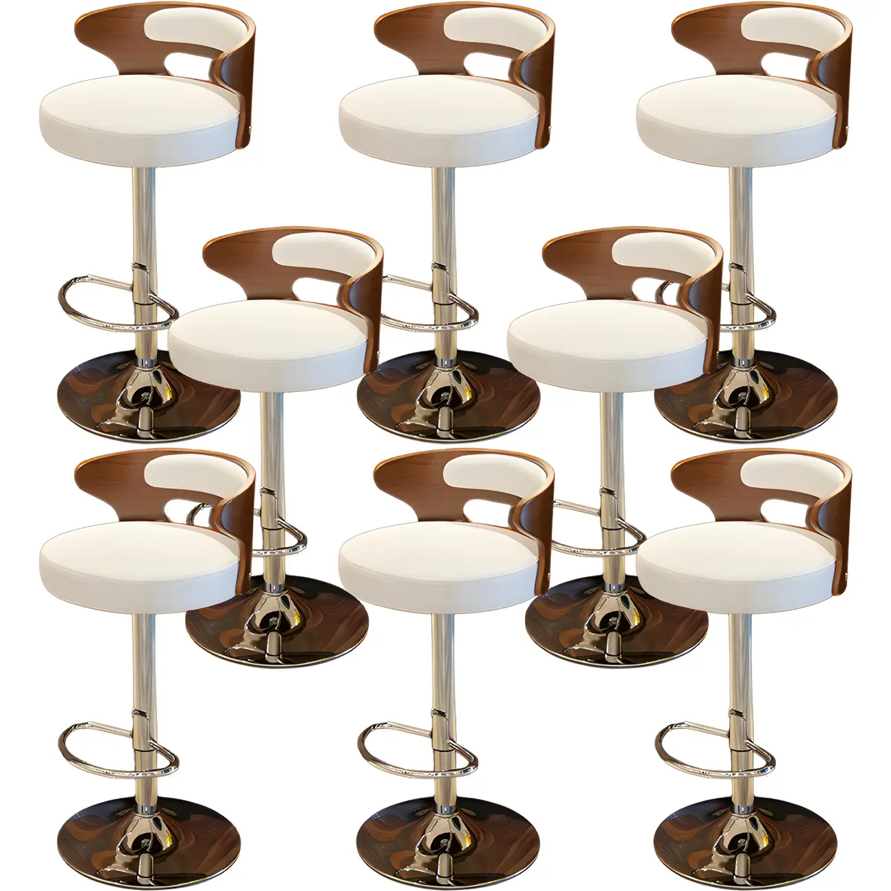 Elegant Brown Wood White Leather Swivel Adjustable Bar Stool Image - 18 | homeyfad