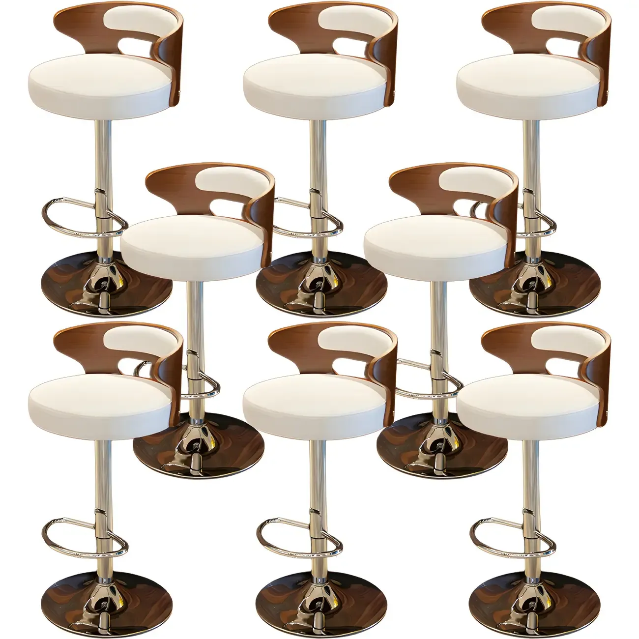 Elegant Brown Wood White Leather Swivel Adjustable Bar Stool Image - 18