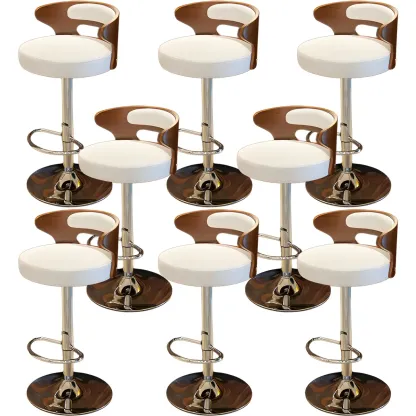 Elegant Brown Wood White Leather Swivel Adjustable Bar Stool Image - 18
