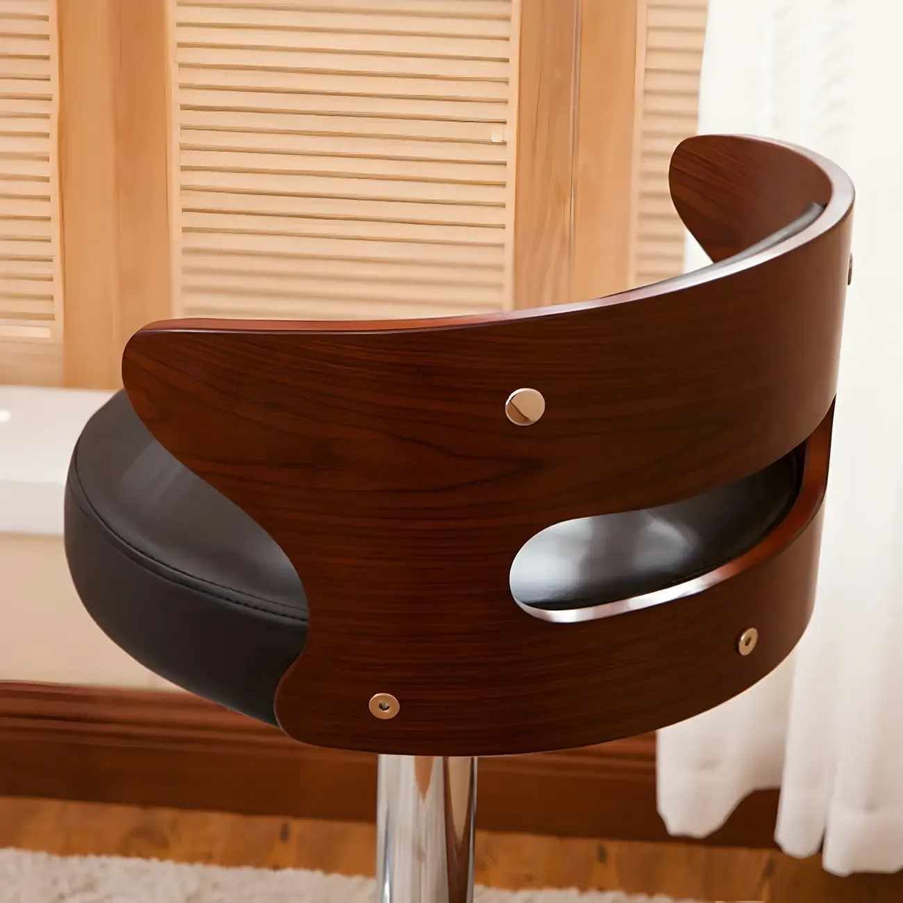 Elegant Brown Wood White Leather Swivel Adjustable Bar Stool Image - 7